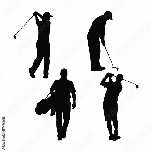 black golfer silhouettes in various poses like swinging and walking
