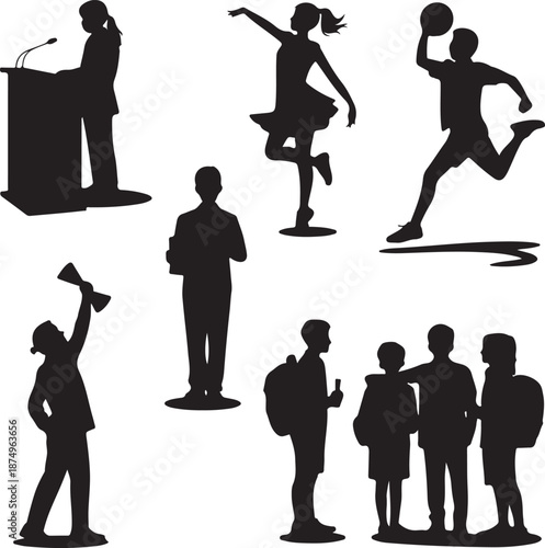 black silhouettes of people in various poses and activities on white background