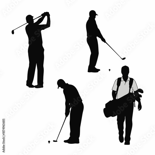 black golfer silhouettes in various poses like swinging and walking