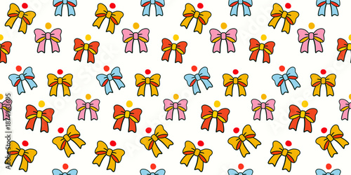 Seamless patterns of colorful ribbons and bows in a fun vector illustration style, perfect for school and design projects. Cute seamless fabric background, banner, wrapping paper