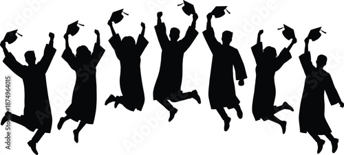 Silhouettes of happy graduates jumping in celebration with caps and gowns, symbolizing academic success, achievement, commencement ceremony and education milestone isolated on white background