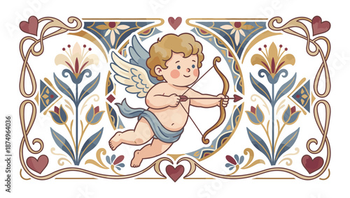 Cupid with Bow and Arrow in Frame: In this enchanting illustration, Cupid, the adorable angel of love, is captured aiming his bow and arrow in the frame. This charming artwork radiates affection.