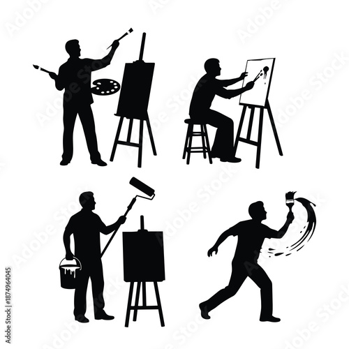 Black painting silhouettes vector, artist brush canvas design, creative art icons in black and white