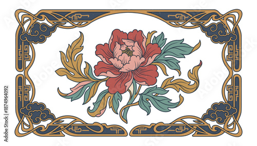 Art Nouveau Floral Design: An exquisite Art Nouveau-inspired design showcasing a vibrant peony at its center, surrounded by intricate foliage and decorative frame.