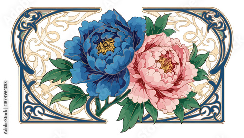Peony Pair in Floral Frame: A beautifully illustrated pair of peonies, one blue and one pink, nestled within an ornate floral frame. A perfect image for a touch of elegance.