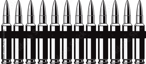Black and white rifle cartridge belt illustration with twelve pointed bullets in horizontal row for military, firearm, tactical, and defense design use.