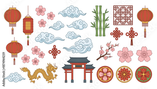 Eastern art illustration elements: An exquisite collection of stylized illustrations featuring lanterns, clouds, flowers, and traditional architectural elements.