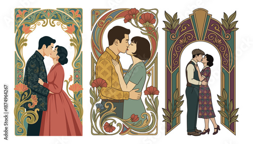 Vintage Romance: Art Nouveau style illustrations capture the tender embrace of couples in love, adorned with elegant frames and floral motifs, a timeless ode to affection.
