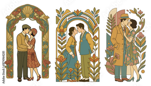 Romantic Embrace: Vintage couples sharing intimate moments of affection within ornate, art-deco inspired frames, expressing love and connection with elegance and artistry.