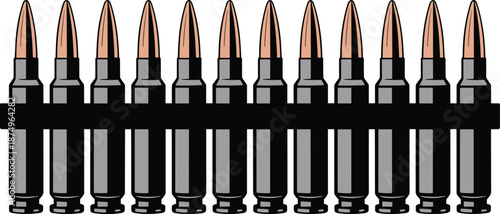 Rifle ammunition belt with 13 copper-tipped cartridges in horizontal row for military, tactical, firearm, and defense-related design applications.