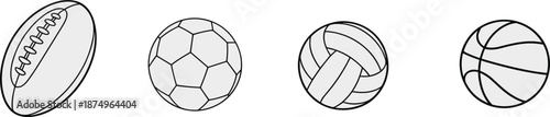 Vector illustration of four popular sports balls—rugby, soccer, volleyball, basketball—on white background for athletic, educational, and recreational design use.