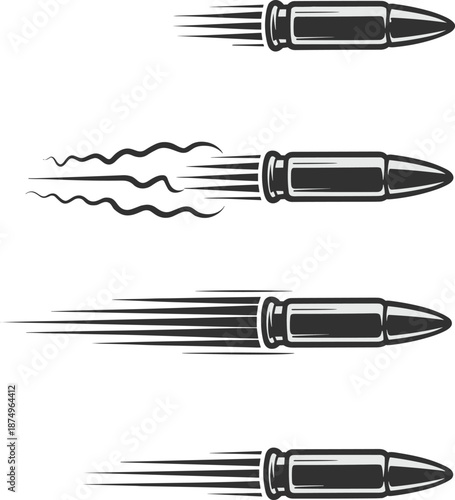 Stylized bullet motion graphics with varying speed trails and propulsion effects for military, gaming, animation, and conceptual design applications.