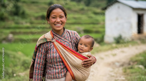 Smiling Nepali mother carrying her baby in a traditional sling with terraced fields behind her