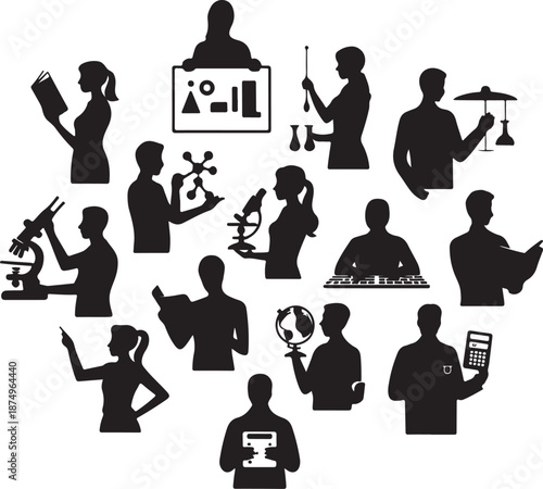 black silhouettes of people working in science and technology on white background