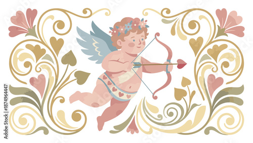 Love's Messenger: A depiction of Cupid, the mythological figure of love, poised to launch an arrow, framed by floral embellishments and delicate hearts.