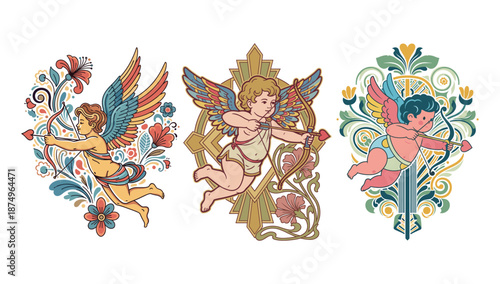 Three Cherubic Cupids in Floral Fantasy: Three charming cupids, complete with bows and arrows, are nestled amidst intricate floral designs and decorative elements, ideal for themes of love, romance.