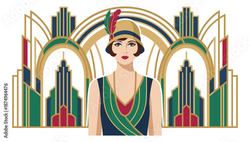 Vintage Elegance: A stylish woman in a flapper dress, stands elegantly before a backdrop of Art Deco design, transporting us to the roaring twenties.  