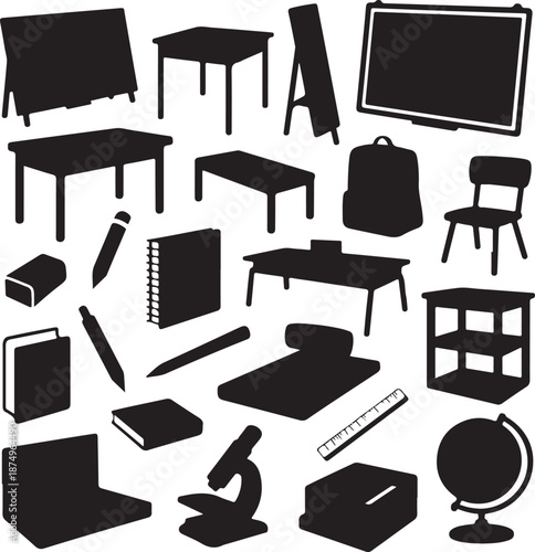 black silhouettes of school supplies and furniture on white background
