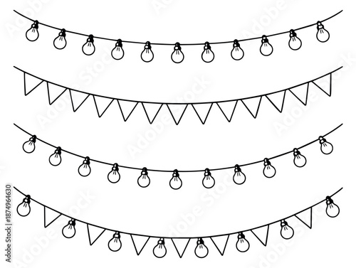 Hand drawn line art party decoration set featuring string lights and triangular flags for celebrations and events