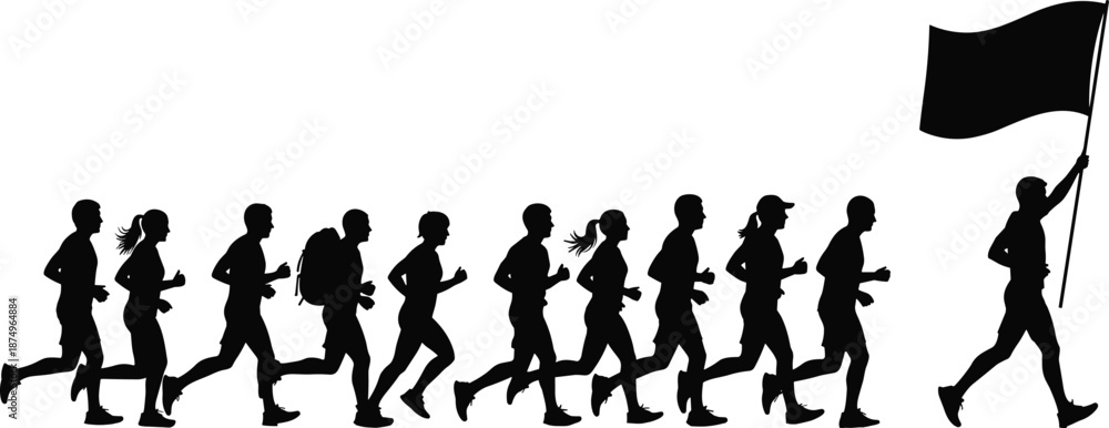Obraz premium Silhouette of a Group of People Running a Marathon led by a Male Runner Holding a Flag Symbolizing Teamwork Leadership and Determination