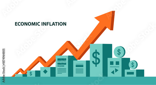 Conceptual illustration depicting economic inflation with a rising orange arrow over financial symbols and increasing bar graphs, signifying growth and market changes.