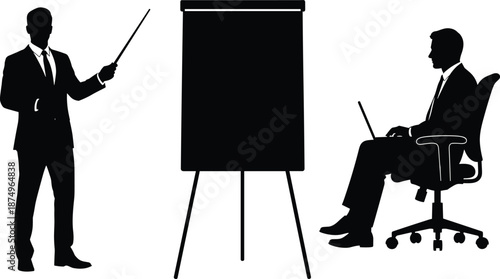 Silhouette of a Business Professional Giving a Presentation with a Pointer Next to a Blank Flipchart and a Colleague Working on a Laptop