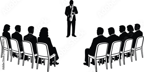 Silhouette of a Male Saxophone Player Performing for a Seated Audience in a Formal Concert Hall or Jazz Club Music Event Setting