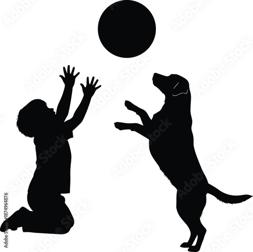 Silhouette of a Little Boy Playing Catch with a Golden Retriever Dog Using a Large Ball Representing Childhood Fun and Loyal Animal Friendships