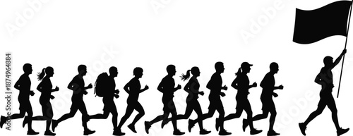 Silhouette of a Group of People Running a Marathon led by a Male Runner Holding a Flag Symbolizing Teamwork Leadership and Determination