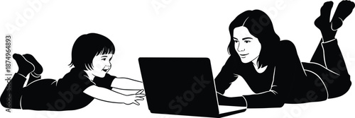 Silhouette of a Mother Working on a Laptop While Her Young Child Plays Nearby Representing Work Life Balance Parenting and Remote Jobs