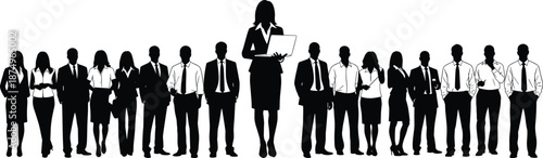 Silhouette of business professionals with central leader holding laptop, symbolizing corporate hierarchy, leadership, teamwork, and professional diversity.