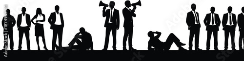 Silhouette of Businesspeople in Varied Poses with Megaphones, Expressing Workplace Dynamics, Communication Styles, and Corporate Engagement in Black and White