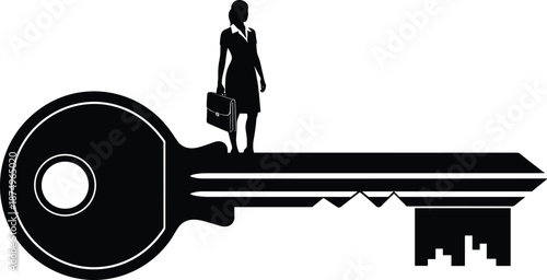 Silhouette of businesswoman standing on key with cityscape teeth, symbolic vector art of career success and opportunity