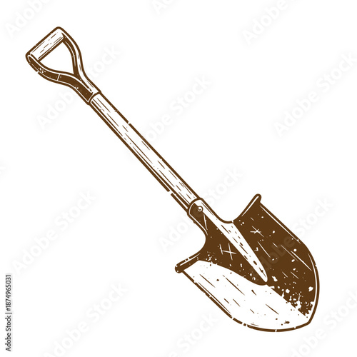 Drawing Vintage Brown shovel with handle and metal blade for digging isolated on white background