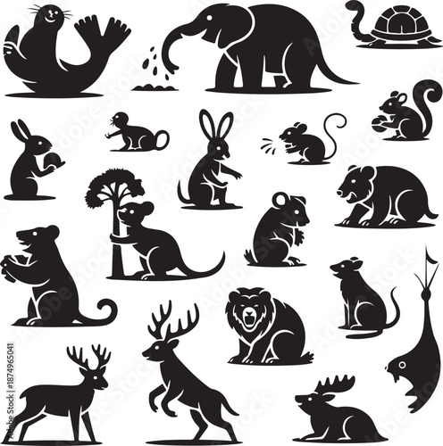 black silhouettes of various animals on white background
