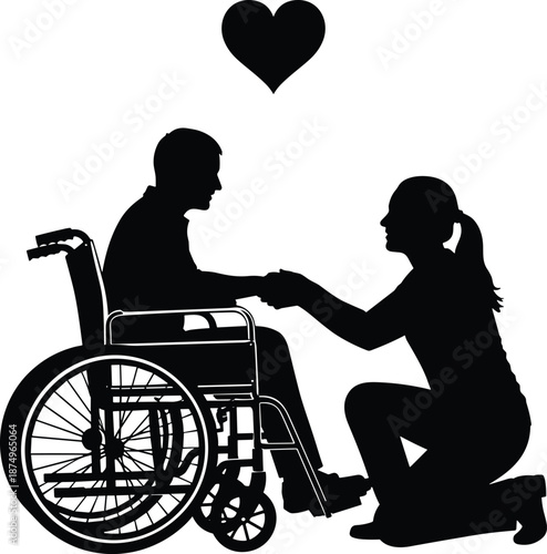 Silhouette of caregiver kneeling before wheelchair user with heart symbol, showing compassion, support, love, and emotional connection