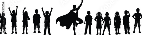 Silhouette of children with superhero figure in center, symbolizing inspiration, empowerment, leadership, imagination, and childhood aspiration.