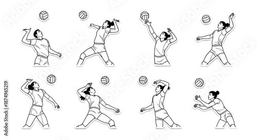 A dynamic sequence of vector illustrations depicting various volleyball serving and receiving positions, showcasing athletic movement and skill.