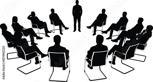 Silhouette of group seated in circle with central speaker, symbolizing leadership, communication, group therapy, and collaborative discussion.