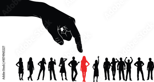 Silhouette of hand pointing at red-highlighted woman among group, symbolizing choice, selection, or emphasis in black and white