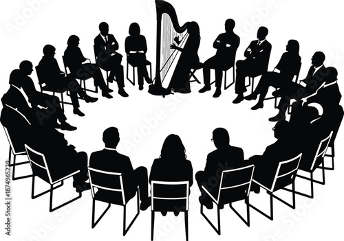 Silhouette of harpist performing in seated circle group, symbolizing music therapy, relaxation, community engagement, and emotional healing.