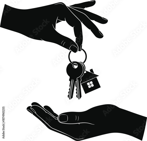 Silhouette of hand giving house key to another hand, symbolic vector art of real estate transaction and property ownership
