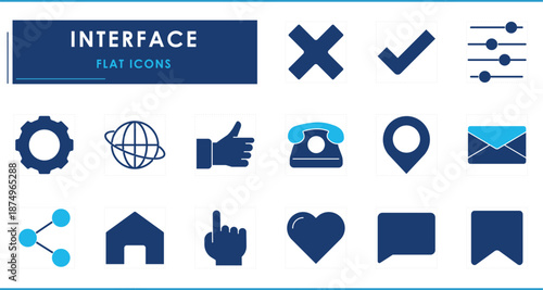 A set of flat icons related to Interface. Home, web, touch, mail, address, like, comment, share, settings, and so on.