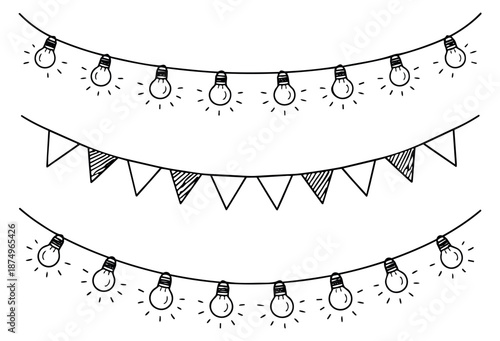 Hand drawn line art party decoration set featuring glowing light bulbs and pennant flags for festive events
