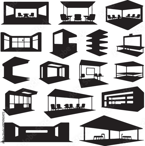 black silhouettes of various booths and pavilions for events and exhibitions
