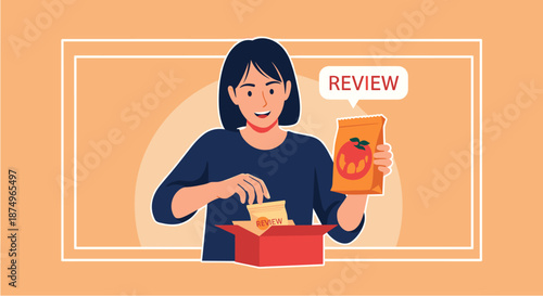 A young woman unboxes a package with a product, ready to provide feedback or a review, illustrating online shopping experiences and customer satisfaction.