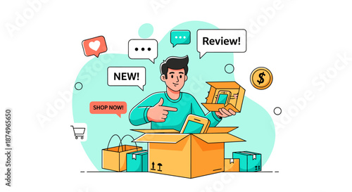 A happy young man unboxes an online purchase, surrounded by shopping icons representing e-commerce, customer reviews, and new product excitement.