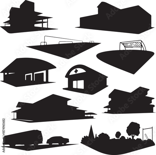black silhouettes of various buildings and vehicles on white background