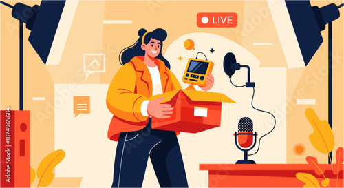 A vibrant illustration of a woman unboxing a product during a live stream, surrounded by studio lights and recording equipment.