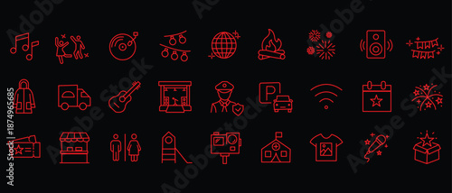 Party icon set. Containing birthday, wedding party, dancing, happy new year, week, Christmas, event, holiday, carnival, life music, celebration and more. Editable line icons. Vector illustration.